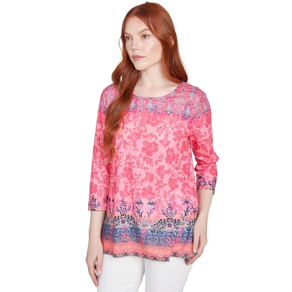 NWT Ruby Red Floral Ombré Border Sublimation Knit Top -Medium